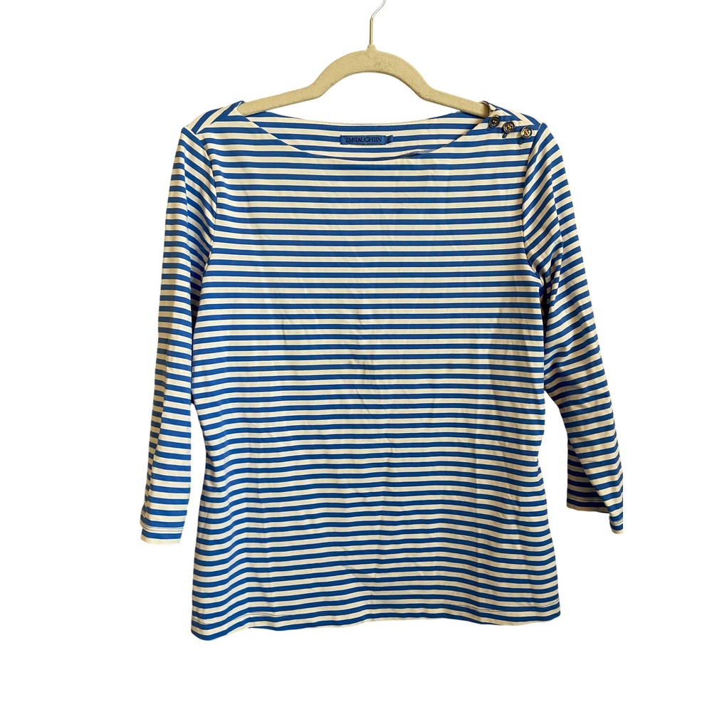 J.McLaughlin Blue White Striped Boat Neck Top 3/4 Sleeve Gold Buttons Size L